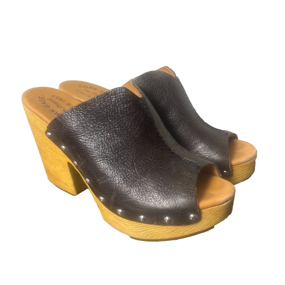 Kork-Ease Brown Leather Platform Wedge Slide Clogs Womens 9 Boho Comfort - Picture 1 of 11